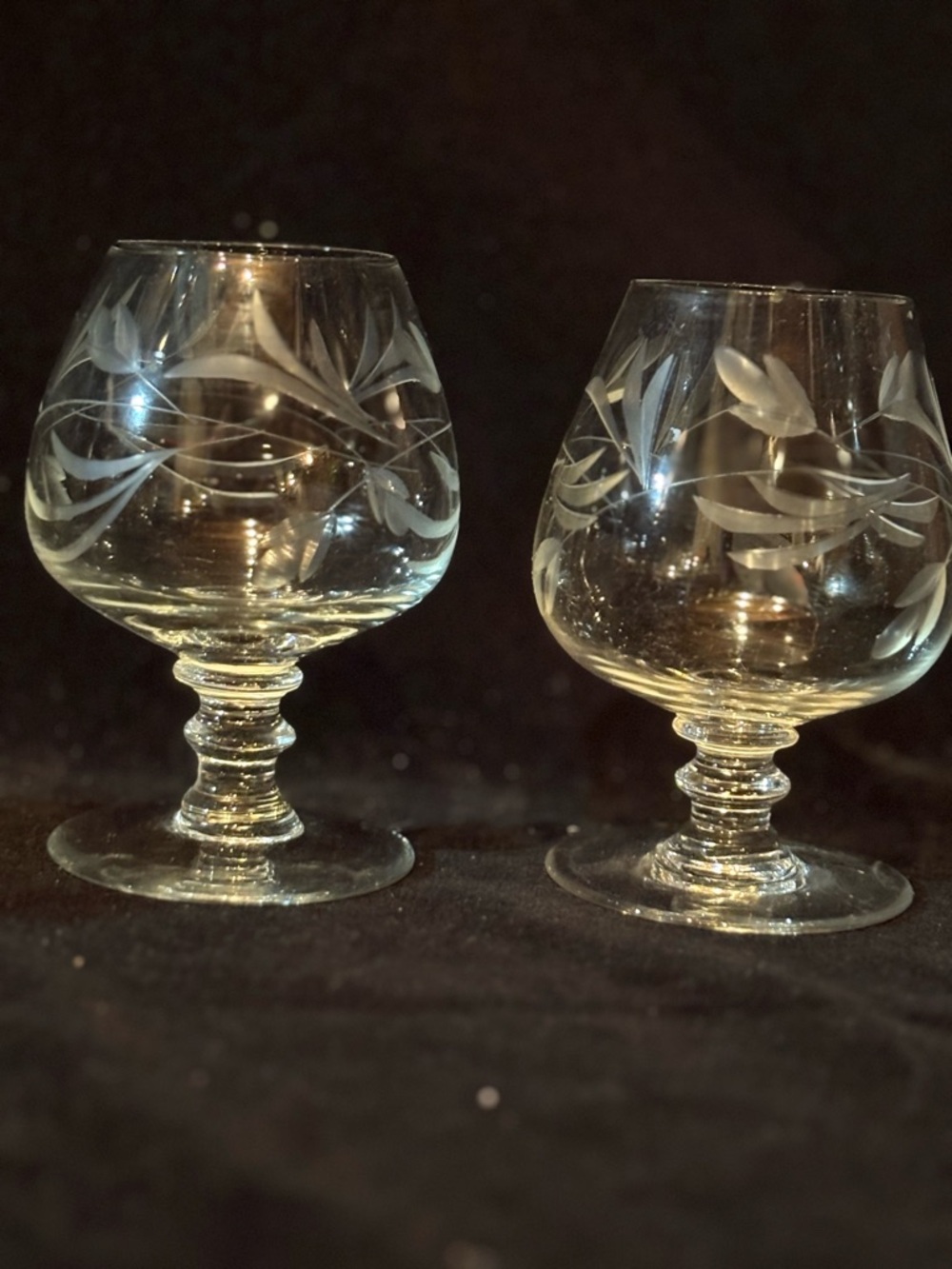 Etched Brandy Snifters, Heritage Pattern by Princess House